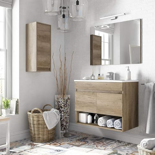 JUANIO Mueble de Baño Lavabo Suspendido con 2 Puertas y Espejo Acabado en Nordik - Dim: 80 cm (Ancho) x 64 cm (Alto) x 45 cm (Fondo)