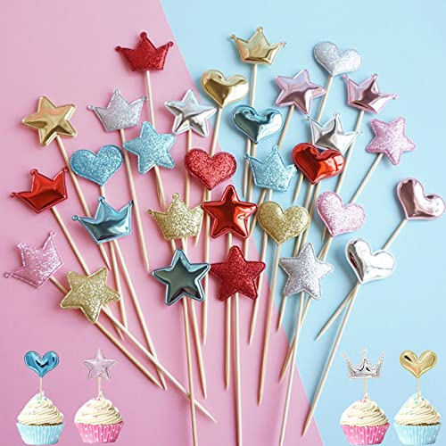 Stern Herz Krone Cupcake Topper 100 Stück Happy Birthday Tortendeko Glitzer Krone Kuchen Topper Cupcake Tortenstecker Für Cocktail Sticks Lebensmittel Zahnstocher Party Hochzeitstorte Topper Deko