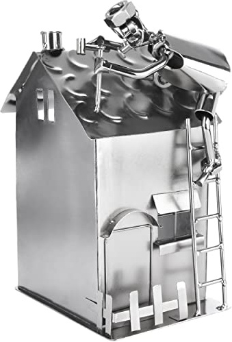 BRUBAKER Schraubenmännchen Haus mit Dachdecker - Silber Eisenfigur Metallmännchen - Handarbeit Metallfigur Hausbau Geschenk für Zimmermann Handwerker Hausbauer