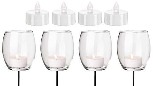 Novaliv 4X Teelicht-Gläser mit 4 LED Teelichtern | Klar | Ø 6cm x 13cm | Mit Metall-Pick | zur Gestaltung von Gesteck und Kränzen | Adventskranz-Kerzenhalter | Kerzenhalter mit Spieß Teelichthalter