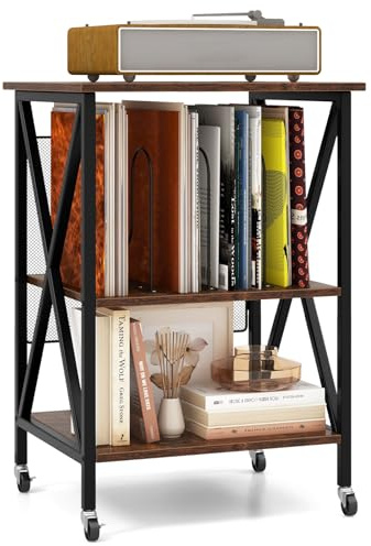 Multigot Record Player Stand, 3 Tiers Industrial Rolling End Table with Lockable Wheels, Metal Guard and Storage Shelf, Wooden Nightstand Sofa Side Table (without Charging Station, Brown)