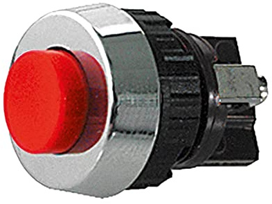 Pulsante unipolare con tasto rosso con contatto normalmente chiuso, foro di montaggio diametro 15mm - 250V 0,7A
