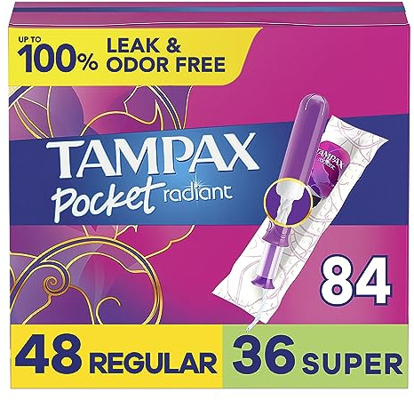 Tampax Pocket Radiant - Confezione da 2 tamponi compatti, con applicatore in plastica senza BPA e treccia LeakGuard, inodore, 28 pezzi x 3 confezioni (84 pezzi totali)