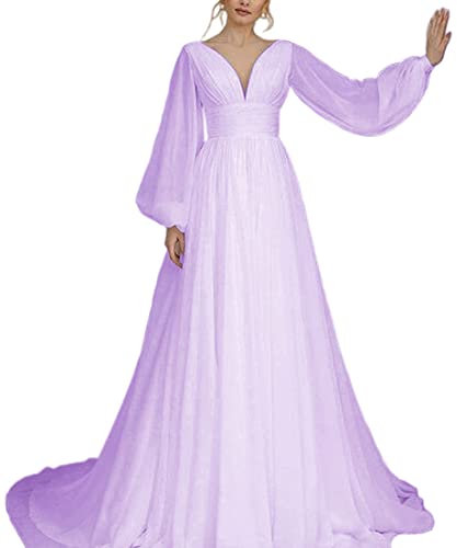 KURFACE Robes de bal de fin d'année, col en V, manches longues bouffantes, pour l'extérieur, pour anniversaire, soirée, pour femme, lilas, 36