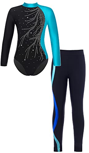 iEFiEL Mädchen Turnanzug Langarm Glitzer Gymnastik Kleidung Set Ballett Trikot Langarmbody mit Lange Hose Kinder Gymnastikanzug Y Blau Grün + Königsblau 134-140