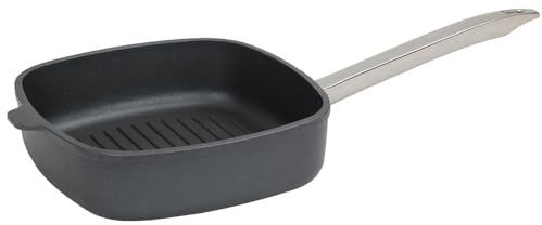 SKK Aluguss Grillpfanne 26x26 cm - induktionsgeeignet - viereckige Antihaft Steakpfanne gerippter Pfannenboden & Edelstahl Griff - Made in Germany