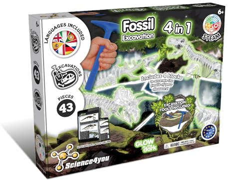 Science4you Dinosaur Fossil Excavation Kit 4 in 1 - Glow-in-the-dark Fossil Digging Kit for Kids, Build 4 Dinosaurs, 43 Pieces Archeology Set, Toys & Games Gifts for Boys and Girls Age 5 6 7+