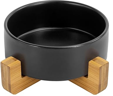 SPUNKYJUNKY Keramik Futternapf mit Bambus Ständer für Katzen und kleine Hunde (400ml, Schwarz-Einzel)