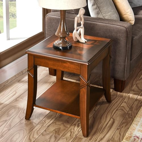 Solid Wood Side End Table with Storage Shelf, Mid-Century Sofa Beside Table with Splicing Top,Telephone Table for Living Room, 19.7L x 17.9W x 19.7H Easy Assembly, Cherry Brown CJZ-DR200