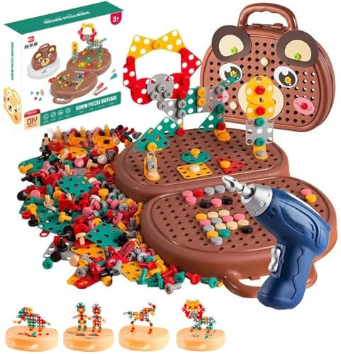 Junerain Magische Montessori Spielzeugkiste mit Bohrmaschine, Magic Montessori Play Toolbox, 2024 Kreativitäts Werkzeugkasten Mosaik Puzzle Spielzeug Kreativ Geschenke Kinder 3 4 5 6 Jahre