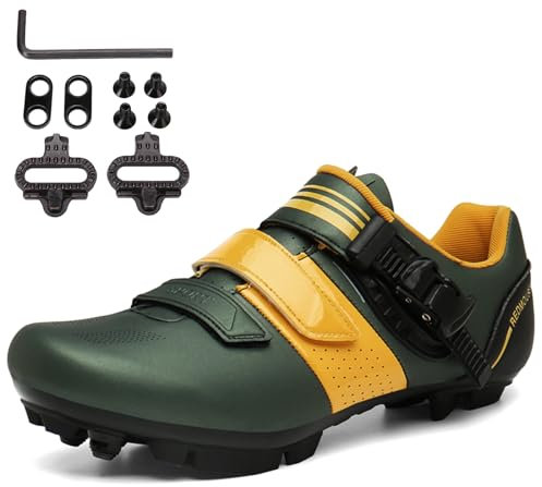 SDEQA Herren Rennrad Mountain Schuhe Damen kompatibel mit SPD 2 Schrauben mit Cleats Fahrrad Schuhe Outdoor Unisex Mountainbike Schuhe Entsperren Schuhe,Grün,45 EU