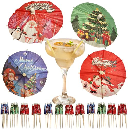 200 PCS Drink Umbrellas Cocktail Picks for Christmas Decor Christmas Drinking Umbrella Fruit Toothpicks Cupcake Topper Sticks