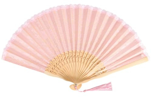 Hnonoxy Faltbarer Spitzenfächer, Spitze Handfächer mit Holzgriff, Hochzeit Hand Fan, Vintage Fächer Spitze, Fächer für Hochzeit Party Tanzen Requisiten Home Decorative (Rosa)