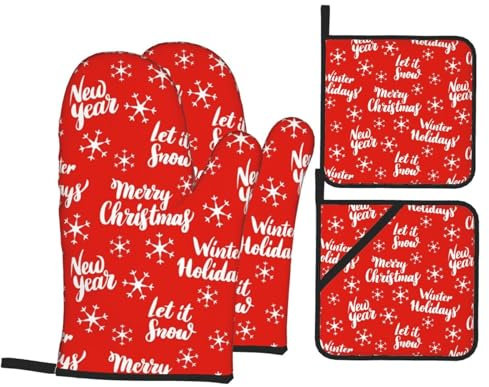 Ofenhandschuhe und Topflappen-Sets mit Aufschrift Merry Christmas, hitzebeständig, Küchen-Backhandschuhe, rutschfeste Oberfläche zum Kochen, Backen, Grillen, Grillen