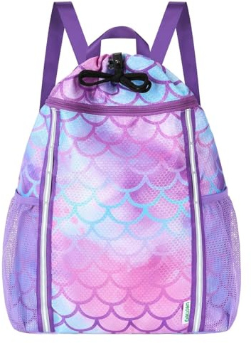 WAWSAM Sacs de Sport à Cordon Enfant, Sirène Fille Sac à Dos de Plage Sac à Cordes, Imperméable Sac Sport Enfant Gym PlWAWSAMage Piscine Voyage, Avec Deux Poches Filet pour Bouteilles d'eau