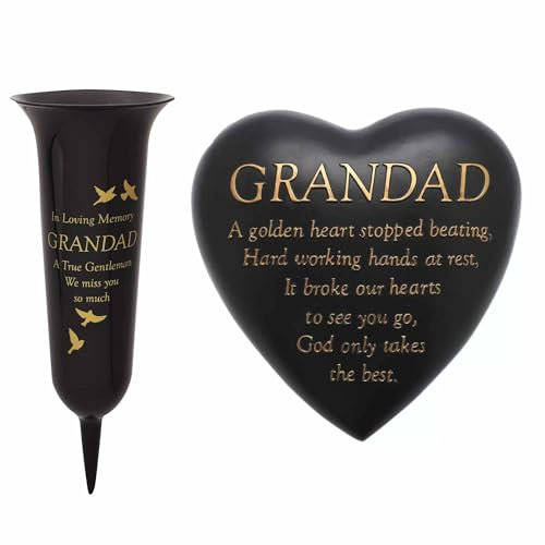 GIFTS 4 ALL Graveside Memorial Plaque & Vase Set for GRANDAD, RIP Grandad Memory Stone & Vase, Grandad Memorial Grave Stone, Grave Ornaments Tribute to Grandad, RIP Grandad Tribute