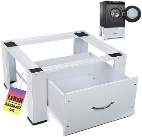 Waschmaschinen-Untergestell inkl. Schubladen, Metall Unterbau Podest Sockel für Trockner, Unterschrank Erhöhung für Waschmaschinen, Max. bis 150 kg, 63(L) x54.5(B) x32 cm(H), Weiß