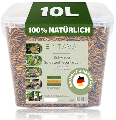 ENTAVA Soldatenfliegenlarven getrocknet 10l (1400g) - Getrocknete Insekten in Premium-Qualität, Soldatenfliegen für Vögel, Amselfutter, Koifutter, Igelfutter, Eichhörnchenfutter, Futter für Wildvögel