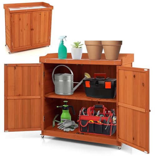 HOMASIS Gartenschrank Outdoor wetterfest aus Holz, Gartentisch mit Arbeitsplatte, Geräteschrank mit Rollen & abnehmbarem Ablage, Pflanztisch für Terrasse Garten Balkon, 98,5x48x100cm, Orange