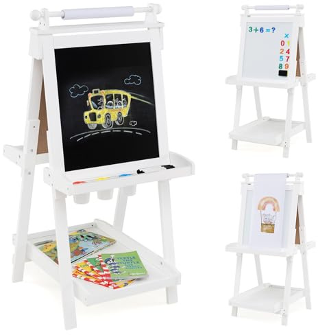 COSTWAY Kids Wooden Art Easel, Double-Sided Height Adjustable Children Easels with Paper Roll, Blackboard, Magnetic Whiteboard, 3 Paint Cups, Folding Drawing Board for Boys Girls (White)