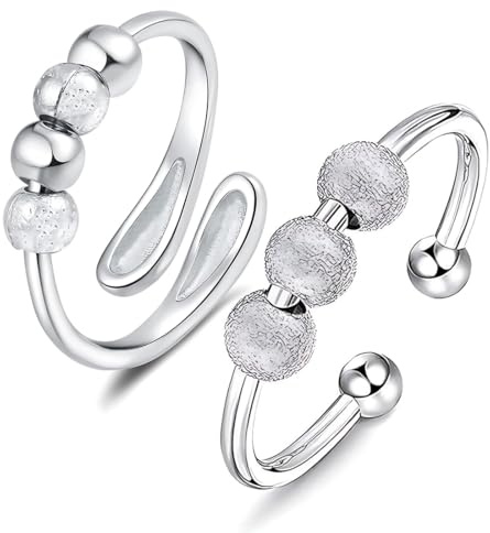 2 Stück Anxiety Ring für Frauen，Verstellbare 925 Sterling Silber Ringe，Anti Stress Ring für Frauen，Stress Spinner Fidget Ringes gegen Angst,anxiety ring anti stress ring
