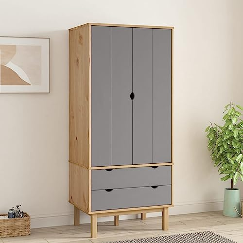 Massbinet Kleiderschrank OTTA Braun&Grau 76,5x53x172 cm Massivholz Kiefer Holzoptik Moderner Schlafzimmerschrank mit Stauraum für Schlafzimmer & Büro geeignet