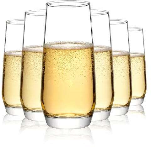 KIXINY Stemless Champagne Flutes Set of 6, 340ml Prosecco Glasses, Crystal Glasses Elegant Wine Glasses for Champagne Cocktails Suitable for Weddings Anniversaries Parties