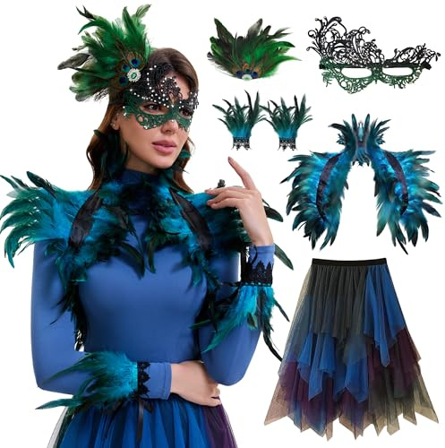 VeLoscient Pfau Kostüm Damen,Tüllrock, Masquerade Mask for Women, Accessoires Pfau Kostüm Frauen für Feather for Masquerade Mardi Gras Venetian Karneval Cosplay