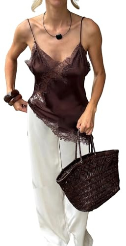 QLQLWDD Women Lace Trim Satin Cami Tops V Neck Silk Asymmetrical Camisole Top Lace Patchwork Coquette Going Out Tops Streetwear (c Brown, M)