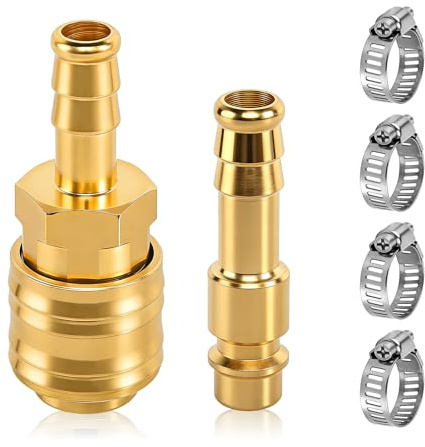 Druckluftkupplung Set, Druckluftanschluss Verschraubungen aus Messing, inkl 1x Einhandschnellkupplung mit 10 mm Stecktülle 4x Schlauchschelle für den Schnellen Anschluss von Luftleitungen