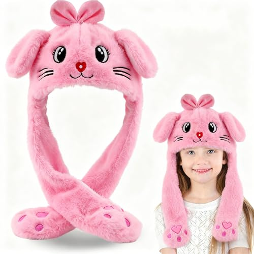 dellyy Hasenohren Hut, Kaninchenhut, Beweglicher Ohr Kaninchen Hut, Mütze Mit Wackelohren, Plüsch-Hasen-Ohr-Hut, Mütze mit Beweglichen Ohren für, Weihnachtsfeier Fasching, Karneval (Rosa Katze)