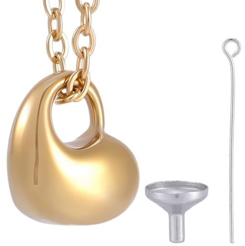 CREATCABIN Urna con Forma de Corazón Colgante de Oro para Cenizas 304 Cadena Pequeña de Acero Inoxidable Medallón Frasco Embudo Alfileres de Ojo Contenedor Juego de Collar de Joyería para 50.9cm
