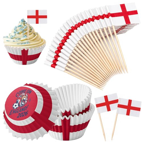 YESAH 200P England Cupcake Cases and Toothpick Flags for World Cup | 100 Paper Muffin Cases with 100 Mini Cocktail Flags for Football Match Party,Baking,Garden and Pub Decor