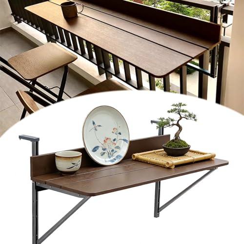 SkyFace Mesa De Barandilla Madera BalcóN con 5 Alturas Ajustables,Mesa Plegable Colgante, Capacidad de Carga 40 kg Mesa Auxiliar Plegable para BalcóN,Resistente Y Duradero (80 x 37 cm)