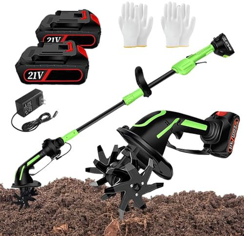 Mini cultivador inalámbrico, rotavator eléctrico de jardín de 21 V con 10 cm de Ancho y Profundidad de labranza, Cuchillas traseras endurecidas, Bloqueo de Seguridad Incorporado(B)