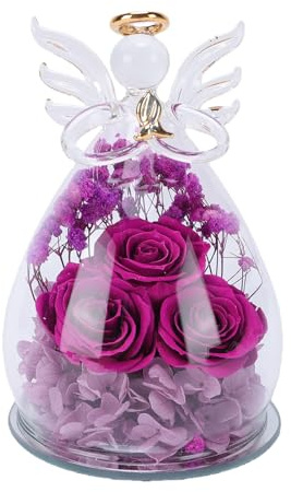 Taidda Statuetta di Rosa Stabilizzata in Vetro, 3 Rose Viola con Petali di Ortensia e Calda Luce LED, Regalo Romantico per la Decorazione della Casa per Le Donne, Festa della Mamm