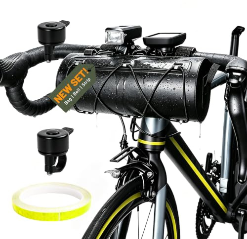 YYSWSAKY wasserdichte Lenkertasche Fahrrad - 2.5L Lenkerrolle Vordertasche Set mit Fahrradklingel & Reflektor-Streifen, Bikepacking Oberrohrtasche & Bauchtasche für Outdoor, Fahrrad Zubehör, Schwarz