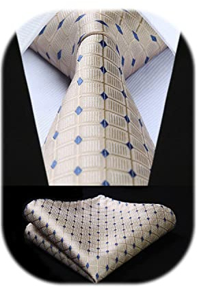 HISDERN Ties for Men Beige Checkered Tie with Pocket Square Polka Dots Business Formal Necktie Handkerchief Set Wedding Party