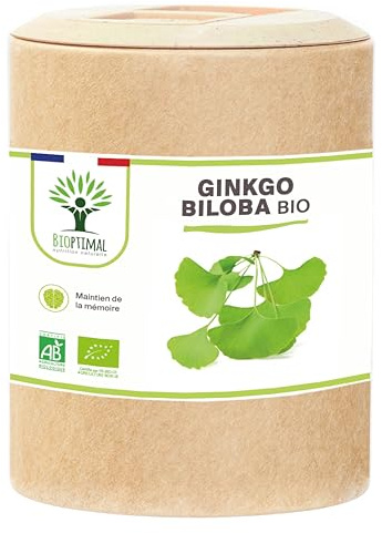 Ginkgo Biloba bio - Bioptimal - Complément alimentaire - Mémoire Concentration Circulation Vertige - Poudre de Feuille Pure - 250mg par Gélule - Fabriqué en France - Certifié par Ecocert - 200 gélules