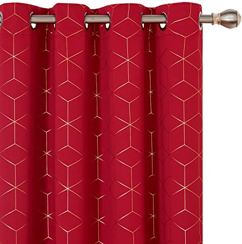 Deconovo Christmas Decorations Blackout Curtains, Energy Saving Curtains, Eyelet Curtains, Gold Diamond Printed Curtains for Girls Bedroom, 52 x 84 Inch(Width x Length), Red, One Pair
