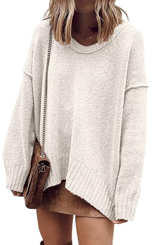 ANRABESS Women's Oversized Casual Loose Slouchy Scoop V Neck Batwing Long Sleeve Knit 2025 Fall Pullover Sweaters White Small