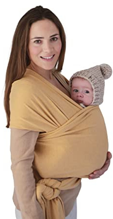 Mushie Tragetuch für Neugeborene & Babys | 100% Bio-Baumwolle | Mit einer integrierten Tasche | von 3,6-14,9 kg | Atmungsaktiv, um Überhitzung zu vermeiden | Mustard Melange