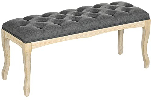 HOMCOM Banc Banquette capitonnée Style Classique 110 cm Bout de lit Rembourrée en Lin piètement Bois hévéa sculpté Lin Gris