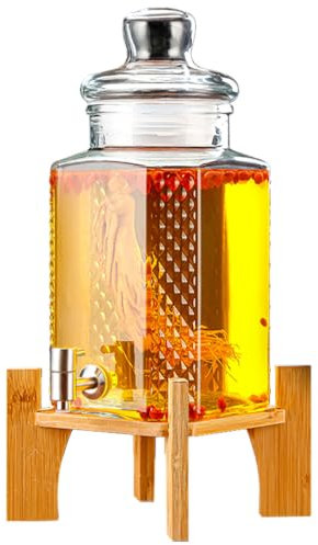 Dispensador De Bebidas De Vidrio Con Espita|Contenedor De Jugo De Bebida Fría A Prueba De Fugas Para El Hogar Para Fiestas|Dispensador De Agua,Espiga De Acero Inoxidable 5L,Base De Bambú