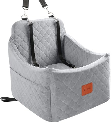 INDYBUD Dog Car Seat for Small/Medium Dogs up to 35 lbs, Memory Foam Pet Booster Seat with Detachable Washable Cover, Portable Pet Bed for Cars with Safety Belts and Storage Pockets (Grey, Medium)