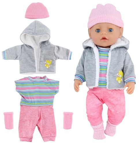 Baby Puppen Puppenkleidung 35-43 cm 1 graue Jacke + 1 gestreifter Pullover + 1 Strickmütze + 1 Paar Socken, Kleidung Outfits für Baby Kinder Mädchen Jungen (Puppe Nicht enthalten)