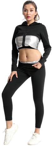 Meichoon Mujeres Sauna Traje de Sudor Ligero Conjunto de Adelgazamiento Chaqueta Moldeadora Corporal Adelgazante Tops y Pantalones Manga Larga Gimnasio Entrenamiento