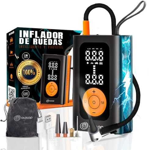OLOLOP® SUPER compresor aire portatil PREMIUM con Linterna| Inflador Ruedas Coche+GUIA para Llevar a tu Familia Segura | inflador electrico | hinchador electrico| Bateria Emergencia para Movil