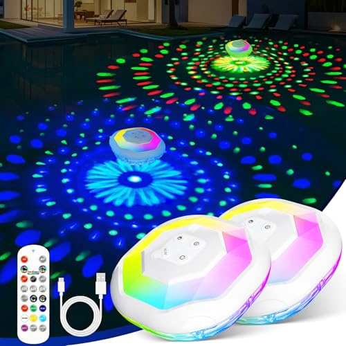 DeeprBetter Luces Piscina Flotantes con Control Remoto, Recargable Luces para Piscina Bajo el Agua con Espectáculo de Luz, IP68 Impermeable Luz Flotante Piscinas, Iluminación Piscinas - 2PCS