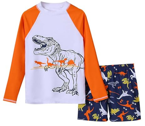 Générique Maillot de Bain pour garçon, Manches Longues, Rashguard, Maillot de Bain et Short UPF 50+, imprimé Dinosaure, pour Enfants, Plage, Piscine, Surf, été 1 (Multicolour, 9-10 Years)